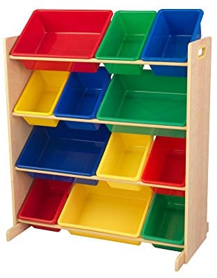 KidKraft Kinderregal aus Holz mit 12 bunten Aufbewahrungsboxen aus Kunststoff, Spielzeug-Organizer, Kinderzimmerregal, Aufbewahrungsregal für Spielzeug, 16774