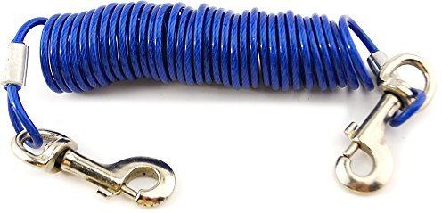 VIP Home Essentials 12 Foot Pet Coiled Tie Out Cable - Blue - Retracts Easily and Quickly to Avoid Tangles