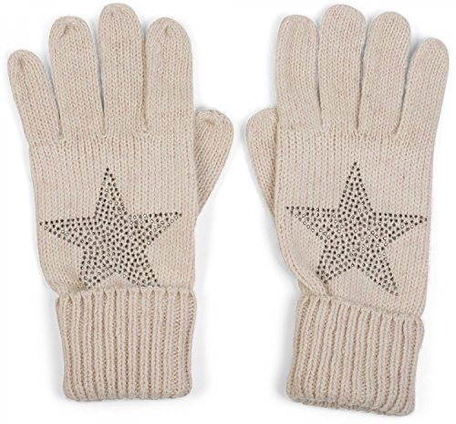 styleBREAKER Damen Handschuhe mit Strass Nieten Stern Applikation und doppeltem Bund, warme Strickhandschuhe 09010008, Farbe:Beige