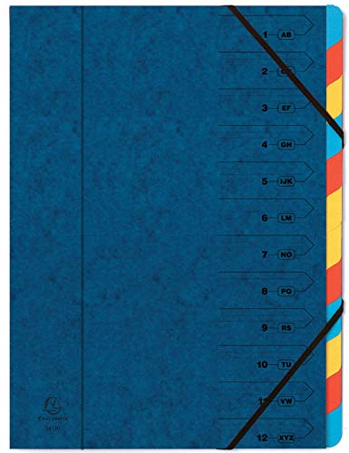 Exacompta 54122E Premium Ordnungsmappe geheftet. Aus extra starkem Colorspan-Karton DIN A4 12 vollfarbige bunte Fächer und 2 Gummizüge mit Organisationsdruck Ringmappe Register-Mappe blau