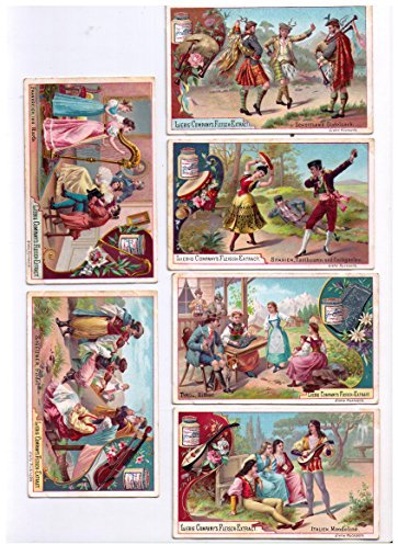 Liebig - Serie Länder + Musikinstrumente : Zither , Tambourin ,Dudelsack , Fiedel , Harfe und Mandoline