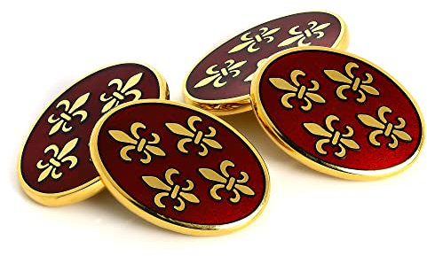 Boutons de Manchette Ovales Rouges à Fleurs de Lys en Or Jaune 9 Carats et Email - A Chaînette