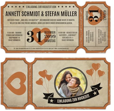 Kartenmachen.de Lasergeschnittene Foto Hochzeitseinladungen (10 Stück) - Vintage Ticket Luftballons - Hochzeitskarten
