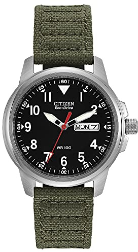 Citizen Men's Eco-Drive Weekender Garrison Field Watch in Stainless Steel with Olive Nylon Strap, Black Dial (Model: BM8180-03E)