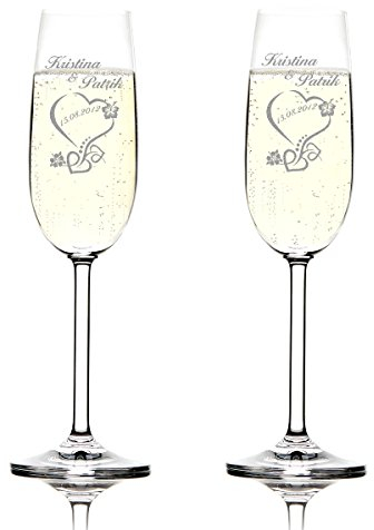 polar-effekt Set de 2 Coupes de Champagne Montana Cadeau de Mariage - personnalisé avec Gravure - nom Date - idée Cadeau pour Motif de Mariage - Date en Coeur avec Fleurs d'hibiscus