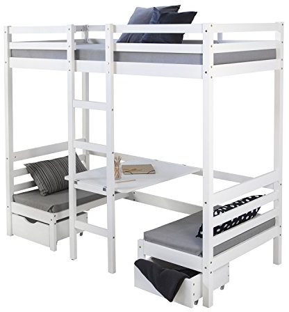 Homestyle4u 1727, Etagenbett Kinder Hochbett 90x200 mit Schreibtisch Weiß Massivholz Kiefer