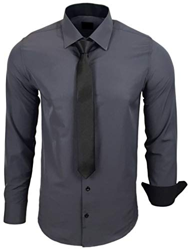 Baxboy 444-BK Herren Kontrast Hemd Business Hemden mit Krawatte Hochzeit Freizeit Fit, Farbe:Anthrazit, Größe:XL
