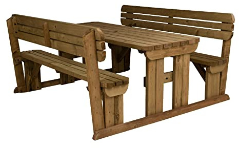 Arbor Garden Solutions 6 Seat Wooden picnic table and benches with backrest, Alders rounded patio furniture set (5ft, Rustic Brown)