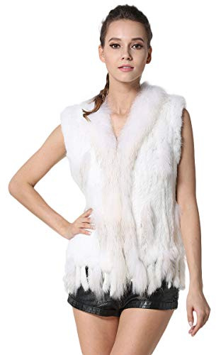 KAISHIN Mode Echt Gestrickte Kaninchenfellwesten für Frauen Allgleiches Beiläufig Waschbär Pelzkragen Westen Weiß EU 38 Größe