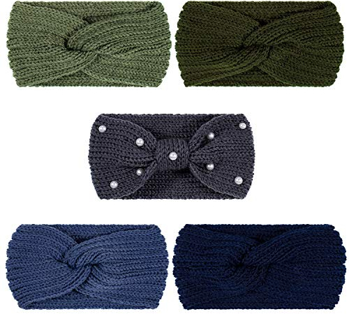 Whaline 5 Stück Strick Stirnbänder Winter Ohrwärmer, 4 Elastische Turban Kopfwickel und 1 Perle Häkelhaarband, Haar Haargummis, Schals für Frauen Mädchen (Blau Grün Farben)