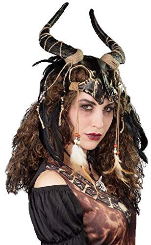 shoperama Kopfschmuck Tierschädel mit Hörnern Federn Perlen Voodoo Priester Krieger Schamane Barbar, Farbe:Schwarz/Gold