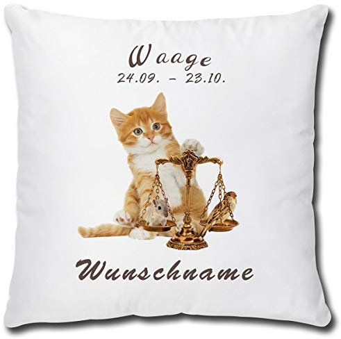 TRIOSK Kissen Katzenmotiv mit Namen personalisiert Sternzeichen Waage Dekokissen Katze lustig Geschenk für Katzenliebhaber Frauen Mädchen Kinder 40x40 Weiß Beige