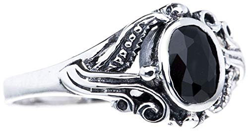 WINDALF Damen Mittelalter-Ring SÎNA 10 mm Schwarzer Kristall Vintage 925 Sterlingsilber (Silber, 56 (17.8))