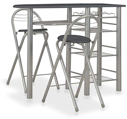 Tidyard Bartisch 3-teilige Barset Esstisch Stehtisch Bistrotisch Mit 2 Klappstühle Sitzgruppe,Tisch mit 4 Regalen und einem Weinregal,Bistroset Bargruppe Küchenbar aus Holz & Stahl,Schwarz+Silber