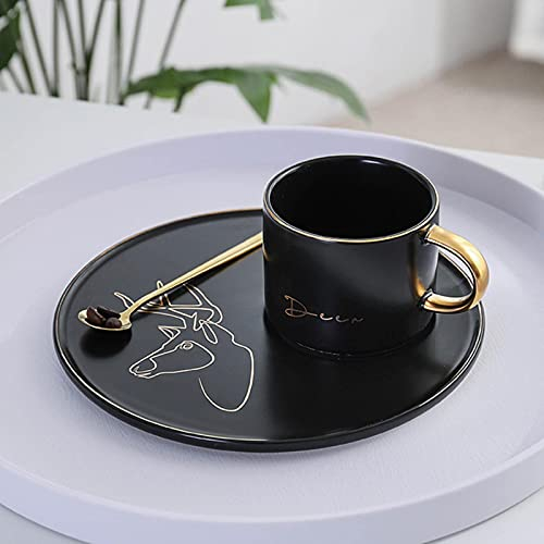 Set Tazzine caffè Nero, Tazza caffè Verniciata Oro, con Piattino e Cucchiaino, per caffè, Cappuccino, tè, 250ml