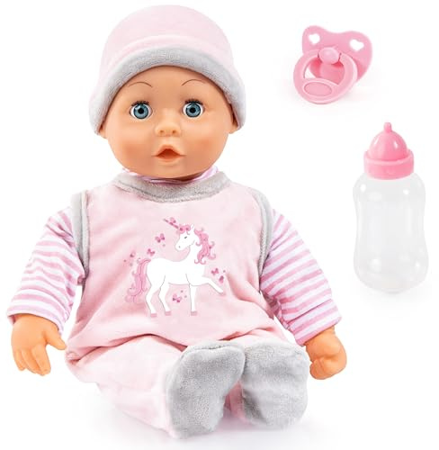 Bayer Design Babypuppe First Words, interaktiv, Spielpuppe sprechend | 24 Babylaute, Schlafaugen, weicher Körper, 38 cm, Schnuller und Flasche