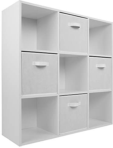 Charles Jacobs White 9 Cube Storage Shelving Unit + 4 White Fabric Drawers