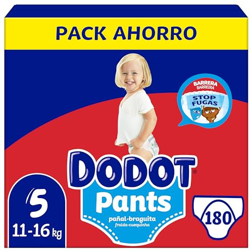 Dodot Bebé Pants Pañales, Talla 5, 12-17 kg, 180 Pañales, Pañal-Braguita con Ajuste 360° Anti-Fugas, Pack Mensual