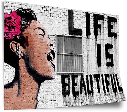 Printistico Poster Banksy - Life is beautiful Frau mit Rose im Haar mit Schriftzug Kunstdruck ohne Rahmen, Wandbild - A4, A3, A2, A1, A0, XXL - Wohnzimmer, Schlafzimmer, Küche, Deko