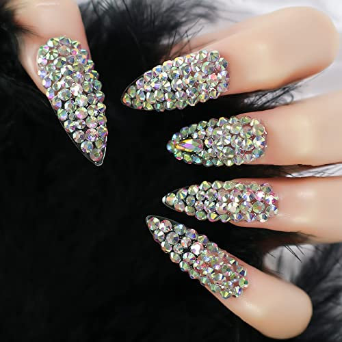 3D Rhinestone Art Deco False Nails Acrylic Shiny Diamond Long Almond Gem Gorgeous Sophisticated Party Show Gig Fake Nails 24 pcs/kit