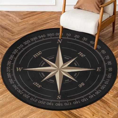Kompass Rose runder Teppich, Kunstwerk, schwarz, rutschfest, Kreis-Teppich für Schlafzimmer, Wohnzimmer, Outdoor, Arbeitszimmer, Spielbodenmatte, Teppich, 91 cm Durchmesser