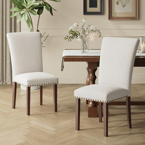 COLAMY Parsons Polsterstuhl für Esszimmer, Küche, Beistellstuhl mit Nagelkopfbesatz und Holzbeinen, Beige, 2 Stück