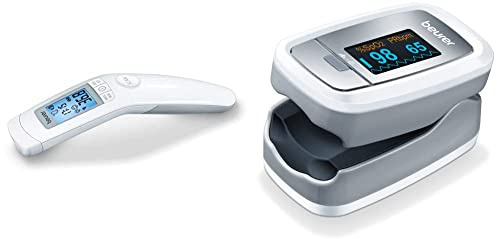 Thermomètre clinique Beurer FT 90, thermomètre clinique infrarouge numérique sans contact, avec pile & PO 30 - Oxymètre de pouls digital, 61 x 36 x 32 mm, 57 gr, blanc et argent