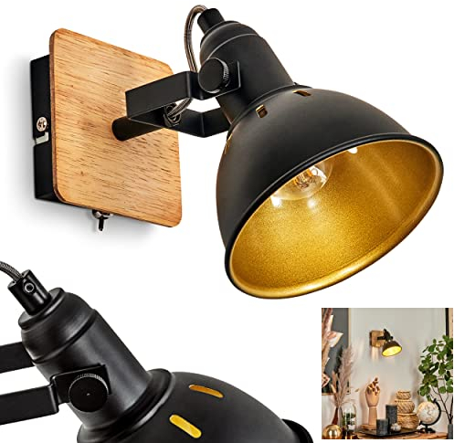 Wandleuchte Tina, Wandlampe aus Metall/Holz in Schwarz/Chrom/Gold/Natur, verstellbare Leuchte im Retro-/Vintage-Design, Lichteffekt u. An-/Ausschalter am Gehäuse, 1-flammig, 1 x E14, ohne Leuchtmittel