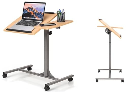 LIFEZEAL Scrivania per Laptop, Tavolino da Divano, Letto, Piano Inclinabile Porta PC, Computer, Notebook, Serviletto, 4 Ruote, Altezza Regolabile, per Soggiorno, Ufficio, Camera da Letto, Noce