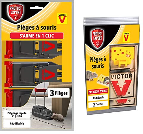 PROTECT EXPERT SOUTRAP3 Pièges À Souris-3 Tapettes Plastiques-Rapide, Précis Et Faciles A Utiliser, Incolore & Victor SOUTAP2 Pièges À Souris - 2 Tapettes Bois - Rapide, Précis Et Faciles A Utiliser