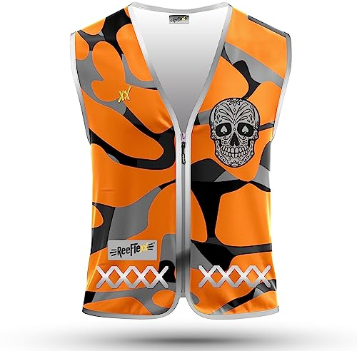 REEFLEXX Herren-Fahrradweste - Stylische Warnweste mit auffälligen Farben/Mustern und starken Reflektoren - Erhöhte Sichtbarkeit im Straßenverkehr. Orange Camou Skull, Größe L/XL