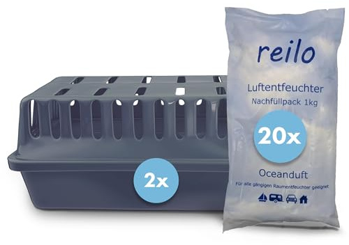 reilo Luftentfeuchter Set, 2x XXL Box + 20x 1kg Oceanduft Granulat | Komplettset gegen Feuchtigkeit & Schimmel, Granulat mit Oceanduft – stromlos, für Keller, Auto, Wohnmobil & Boot