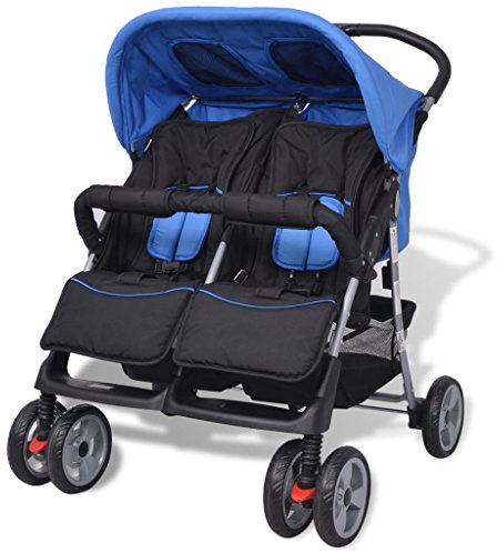 Baby Zwillingswagen, XIAOGUANG Geschwisterkinderwagen, Kinderwagen, Zwillingskinderwagen, Geschwisterwagen, Zwillingsbuggy, Stahl Blau und Schwarz