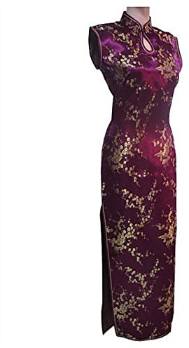 YAROVA Vestito da Cinese Donna -Abito Tradizionale Cinese Primavera Estate Manica Corta Raso Lungo Sottile Cheongsam Orientale Qipao Moda Abiti da Sposa per Feste retrò,Viola,S