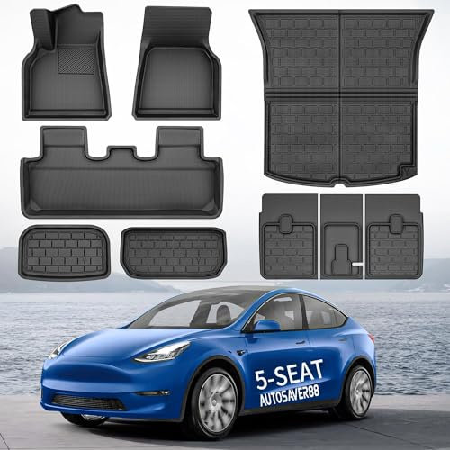 AUTOSAVER88 9-teiliges Fußmatten-Set für Tesla Model Y 5-Sitzer 2020–2023, passgenaue TPE-Allwetter-Front-Heckauskleidung, rutschfeste, wasserdichte Bodeneinlagen, Innenzubehör, schwarz
