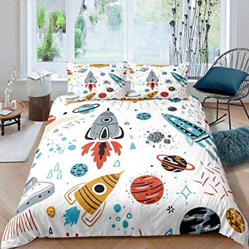 Loussiesd Weltraum Rakete Bettwäsche Jungen Jugendliche Universum Planet Bettwäsche Kinder 135x200 Outer Space Abenteuer Bettbezug Raumschiff Design Bettwäsche Set Zimmer Dekor 2Stück