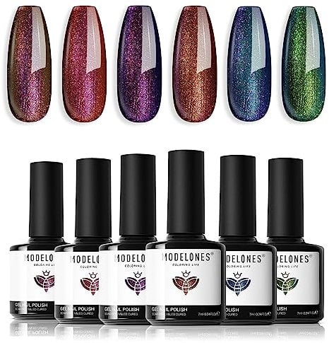 Modelones Reflective Cat Eye Gel Nail Polish Set - 6 Colors Sparkling Diamond Magnetic Polish Varnish - Shiny UV Soak Off Nail Art Set