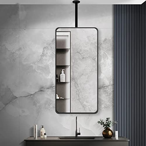 Rechteckiger hängender Stangenspiegel, schwarzer Metallrahmen-Decken-hängender Spiegel für Garderobe, Waschraum, Badezimmer, Make-up-Spiegel, Wohnzimmer, Schlafzimmer, Eingang, dekorative Spiegel ( Si