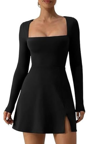 HSAJS Vestito Donna Sexy Maniche Lunghe Elegante Mini Abito da Sera Vestito Corto Scollo Quadrato Aderente Nero Vestiti Bodycon da Festa Dress de Discoteca Cocktail Party