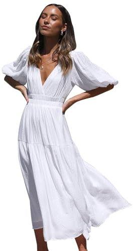MessBebe Womens Summer Casual Maxi Dress V Neck Puff Sleeve Ruffled Solid Color Ruffle Beach Dress White