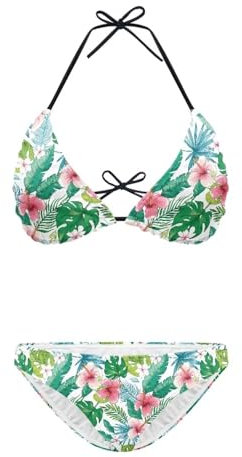 ZIATUBLES Träger-Badeanzüge für Damen, Bikini-Sets mit abnehmbarem Polster, 2-teilige Bademode, Badeanzüge zum Schwimmen, Surfen, Palm Monstera Leaves Hibiskus, 52