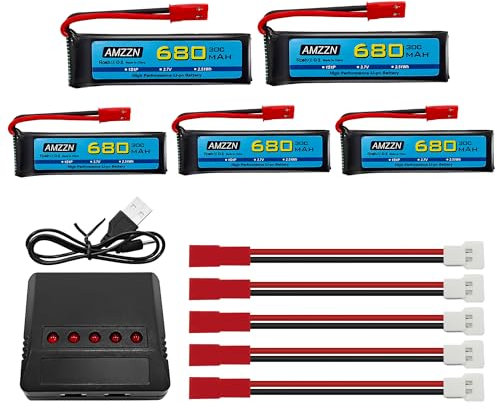 AMZZN 5PCS 3.7V 680mAh 1S Lipo Battery with JST Plug and 5-in-1 Charger for UDI U817 U818A V959 V222 V929 S032 RC Drone, Four Axis Aircraft Battery Accessories