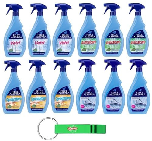 Confezione Prova Felce Azzurra Detergente Multiuso Spray, detergente vetri, stiratura rapida, detergente bagno, sgrassatore 12x750ml + Portachiavi Beni Culinari in Omaggio