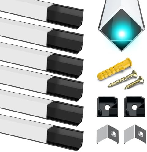 Chesbung LED Aluminium Profil Schwarz, 6X1m U Form Leisten Kanäle, Leiste Schiene Mit Milchig Weißem Deckel für LED Streifen, mit Endkappen, Metall Befestigungs Clips und Montage