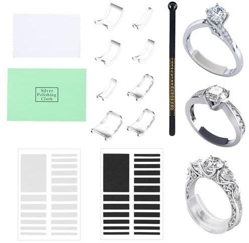8 Pcs Ring Size Adjuster for Loose Rings Invisible Ring Adapter Kit with Measuring Ruler Silverware Polishing Cloth Transparent Ring Spacer Tightener Fits for Any Thin Wide Rings Women Men