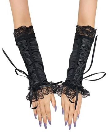 LIANCHEN 34cm Schnürung Arm Warmer Fingerlose Lace Up Armwärmer Punk Brauthandschuhe Lange Steam Punk Handschuhe Spitze Für Party, Halloween, Damen (Schwarz 1)