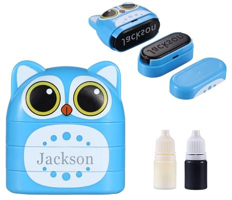 Jeweidea Namensstempel Kinder Textil Personalisierter Doppelstempel mit Schwarzer und Weißer Tinte Textilstempel Waschmaschinenfest Stempel Kleidung Kindergarten Deine Dinge Stempel (Blau-Tinte)