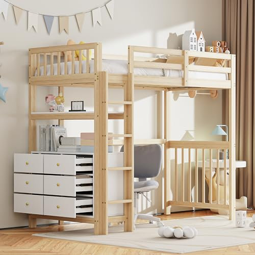 Ctastay Kinderbett Holzbett 90x200 cm, Bett Hochbett Familienbett mit Stauraum Schubladen & Leiter, Jugendbett Einzelbett mit Tisch & Rausfallschutz, Natur + Weiß (Ohne Matratze)