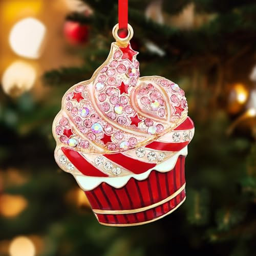 D24TIME Cupcake-Ornamente für Weihnachtsbaum – Metall-Dessertornamente für Frauen und Kinder – rote Cupcake-Party-Weihnachtsbaum-Dekorationen