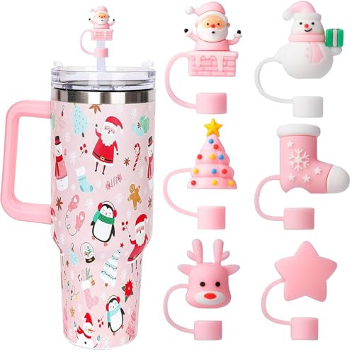 CEDIDJAC Tapones de popote de Navidad rosa para taza Stanley, tapas de silicona compatibles con vasos Stanley de 30 y 40 onzas, cubierta de popote reutilizable de Navidad para accesorios de copa
